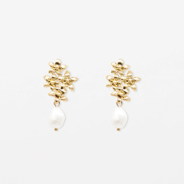 Gold Flower with Pearl Drop Earrings