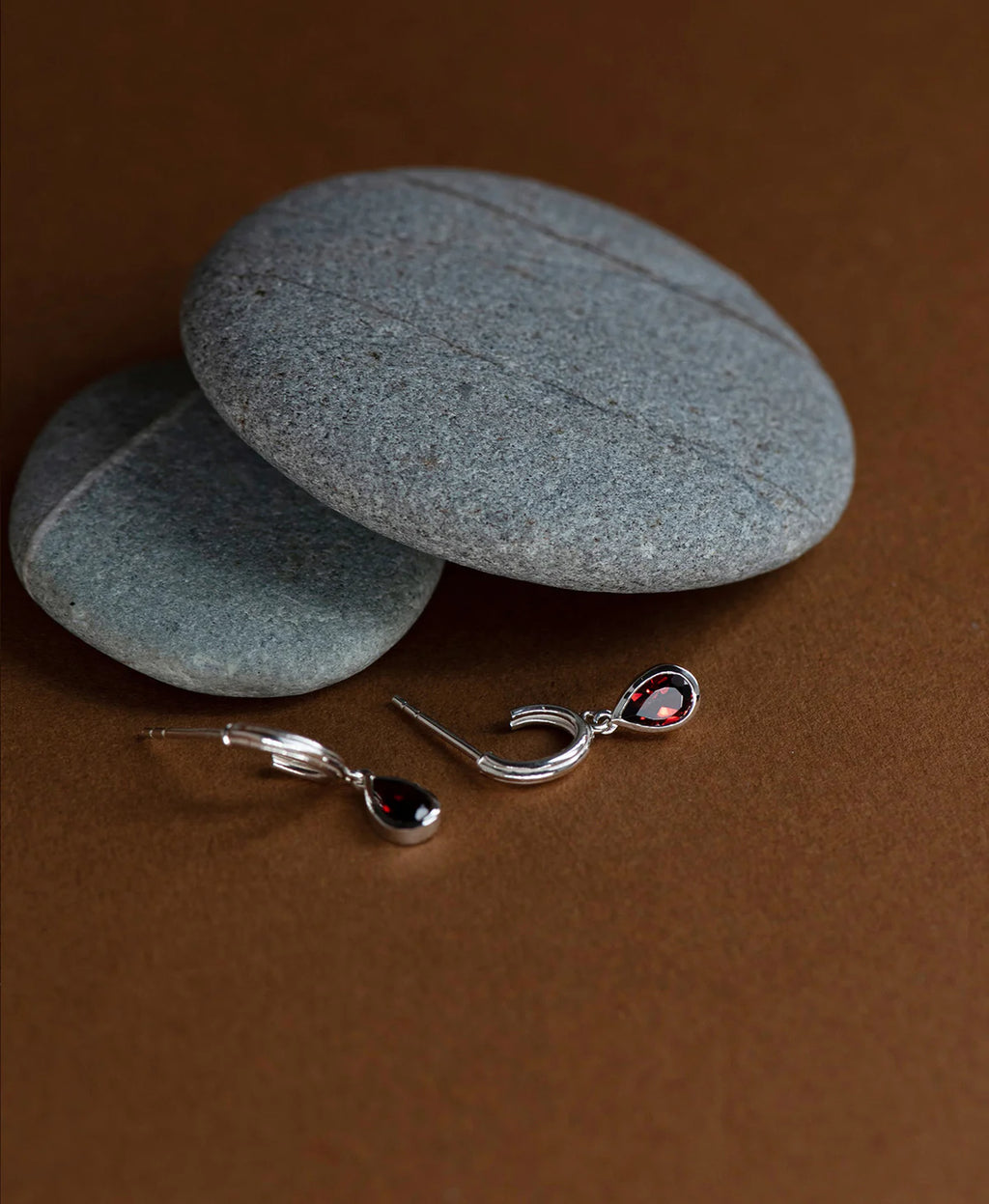 Ophelia Hoops | Sterling Silver with Pear Garnet