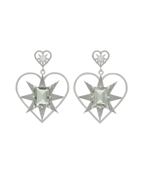 Shining Heart Earrings | Sterling Silver | White Zircon & Green Amethyst